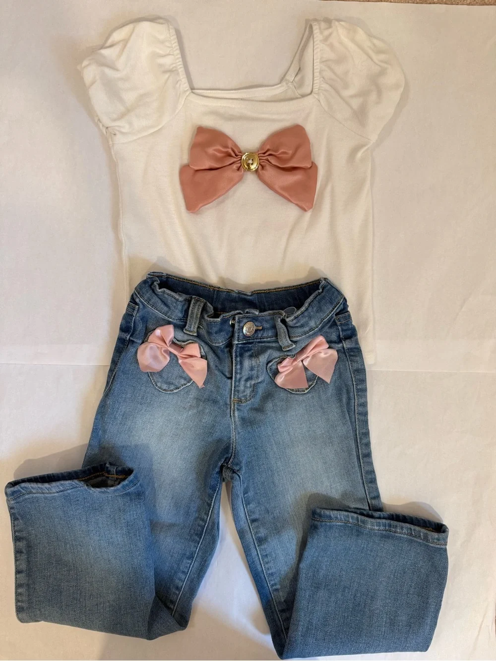 Gymboree White Top with Pink Bow & Pink Skort and Denim Jeans Set
